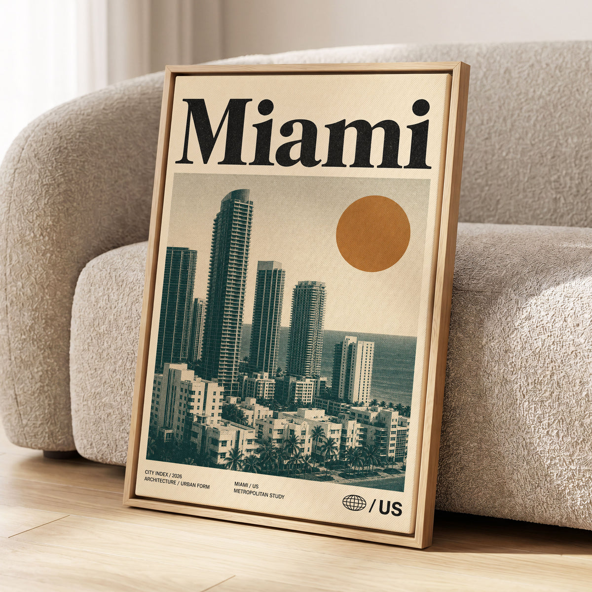 Miami Modernist Skyline, beige, green, brown minimalist wall art displayed in a styled interior, gallery view 1