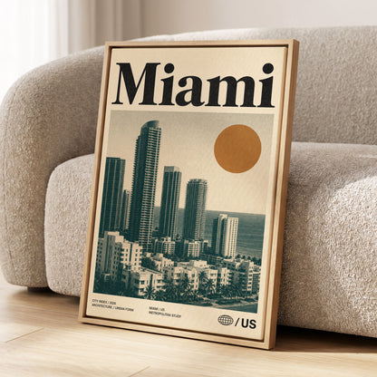 Miami Modernist Skyline, beige, green, brown minimalist wall art displayed in a styled interior, gallery view 1