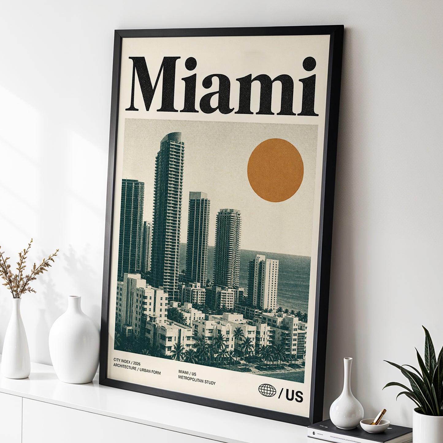 Miami Modernist Skyline, beige, green, brown minimalist wall art displayed in a styled interior, gallery view 2