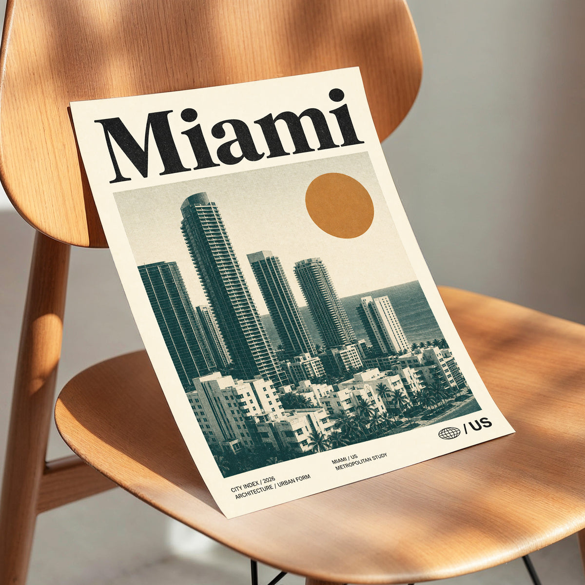 Miami Modernist Skyline, beige, green, brown minimalist wall art displayed in a styled interior, gallery view 3