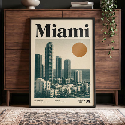 Miami Modernist Skyline, beige, green, brown minimalist wall art displayed in a styled interior, gallery view 4