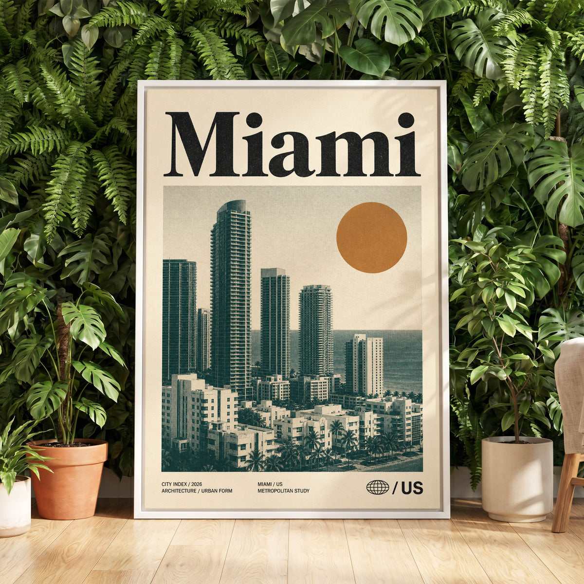 Miami Modernist Skyline, beige, green, brown minimalist wall art displayed in a styled interior, gallery view 5