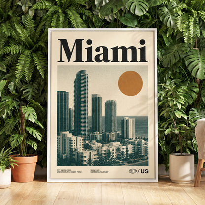 Miami Modernist Skyline, beige, green, brown minimalist wall art displayed in a styled interior, gallery view 5
