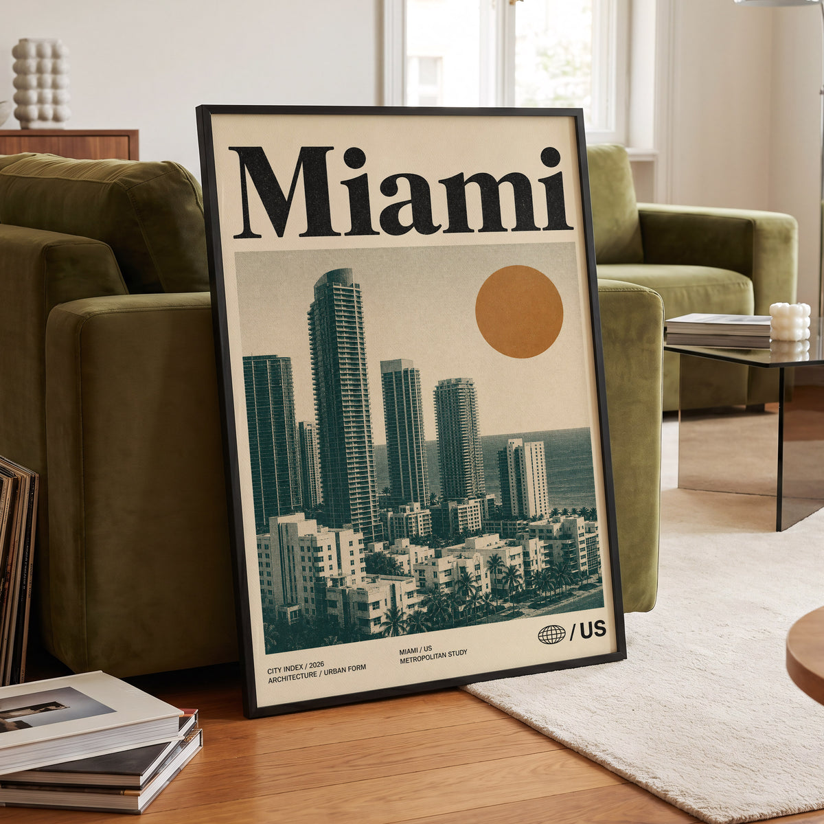Miami Modernist Skyline, beige, green, brown minimalist wall art displayed in a styled interior, gallery view 6