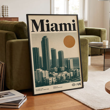 Miami Modernist Skyline, beige, green, brown minimalist wall art displayed in a styled interior, gallery view 6