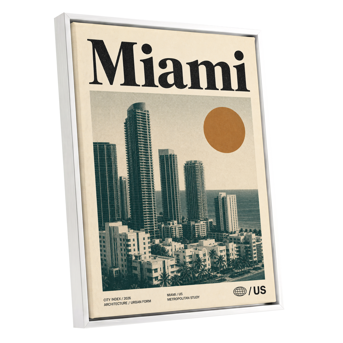 Miami Modernist Skyline, beige, green, brown minimalist wall art shown as a white framed canvas wall art