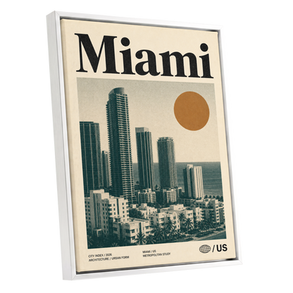 Miami Modernist Skyline, beige, green, brown minimalist wall art shown as a white framed canvas wall art