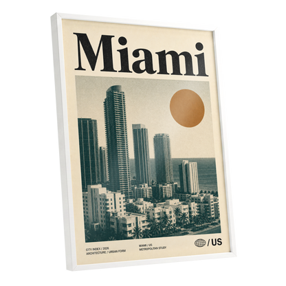 Miami Modernist Skyline, beige, green, brown minimalist wall art shown as a white framed poster wall art print