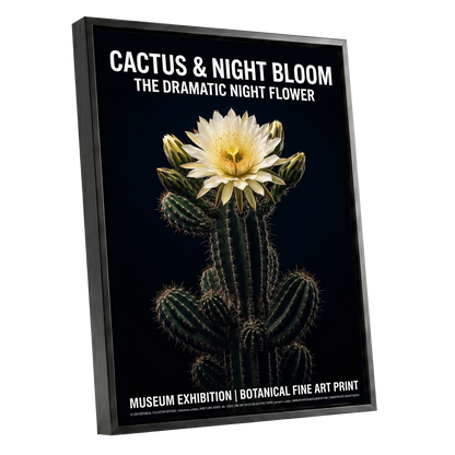 Midnight Cactus Bloom, black, green, white floral wall art shown as a black framed canvas wall art