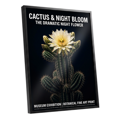 Midnight Cactus Bloom, black, green, white floral wall art shown as a black framed poster wall art print