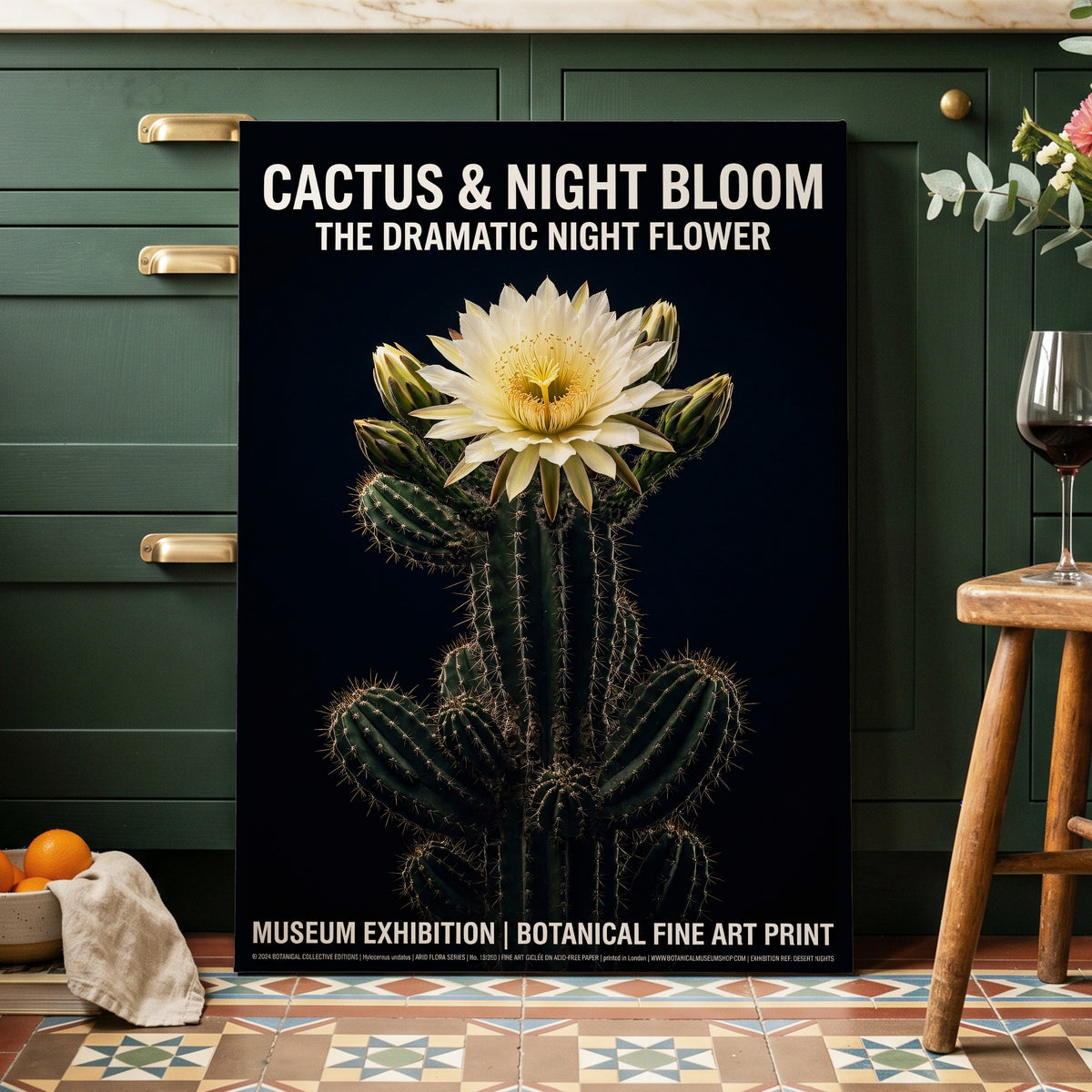Midnight Cactus Bloom, black, green, white floral wall art on canvas displayed in a styled interior, gallery view 2