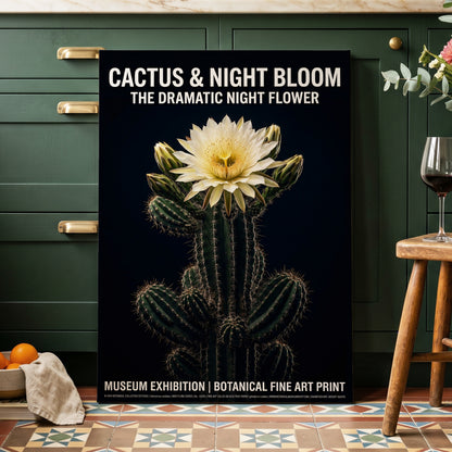 Midnight Cactus Bloom, black, green, white floral wall art on canvas displayed in a styled interior, gallery view 2
