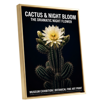 Midnight Cactus Bloom, black, green, white floral wall art shown as a gold framed canvas wall art