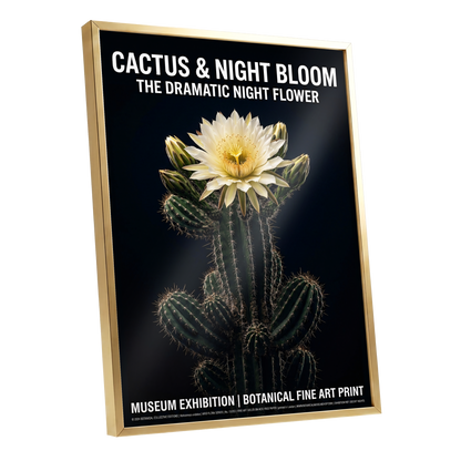 Midnight Cactus Bloom, black, green, white floral wall art shown as a gold framed poster wall art print