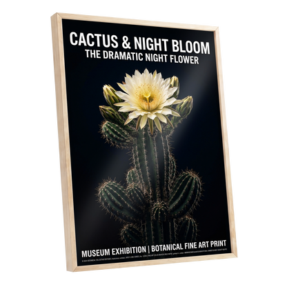 Midnight Cactus Bloom, black, green, white floral wall art shown as a oak framed poster wall art print