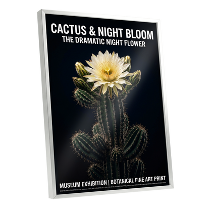 Midnight Cactus Bloom, black, green, white floral wall art shown as a silver framed poster wall art print