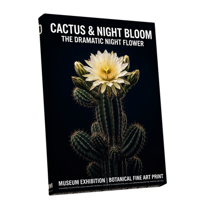 Midnight Cactus Bloom, black, green, white floral wall art shown as a stretched canvas wall art