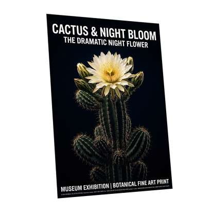 Midnight Cactus Bloom, black, green, white floral wall art shown as a unframed poster wall art print