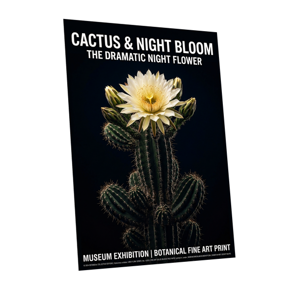 Midnight Cactus Bloom, black, green, white floral wall art shown as a unframed poster wall art print