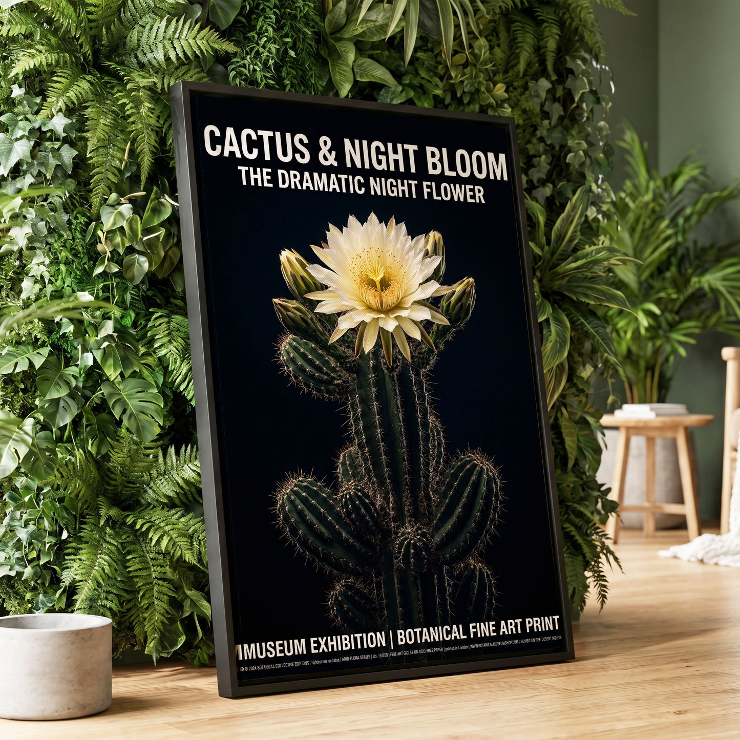Midnight Cactus Bloom, black, green, white floral wall art displayed in a styled interior, gallery view 1