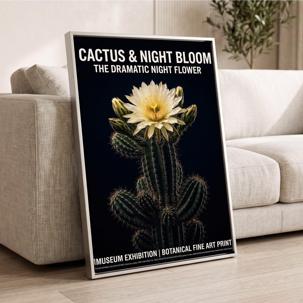 Midnight Cactus Bloom, black, green, white floral wall art displayed in a styled interior, gallery view 2