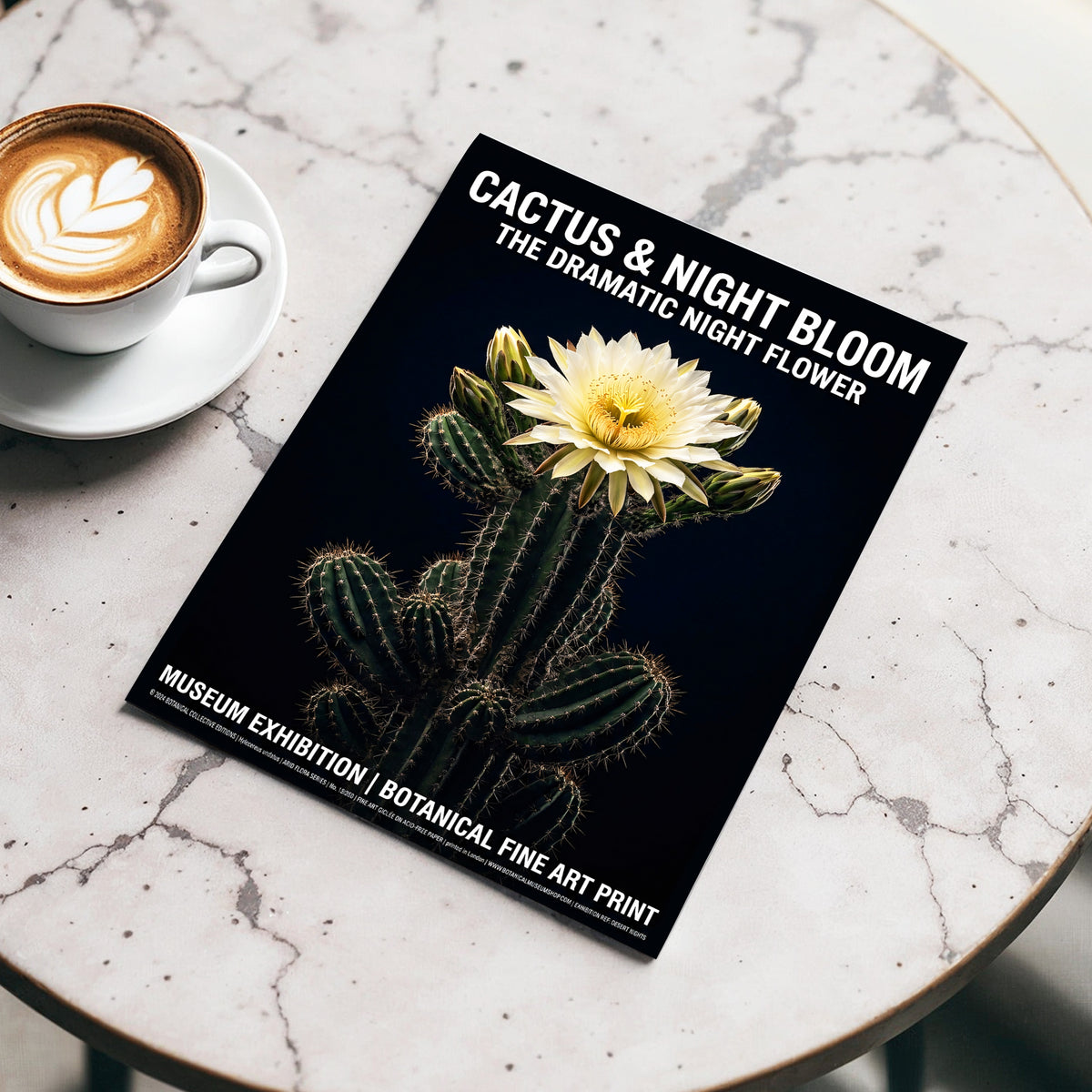Midnight Cactus Bloom, black, green, white floral wall art displayed in a styled interior, gallery view 3