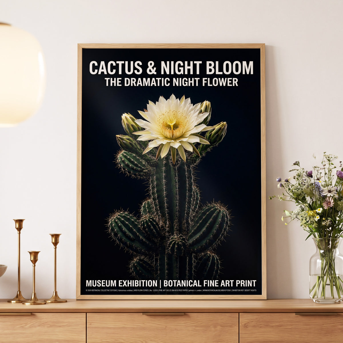 Midnight Cactus Bloom, black, green, white floral wall art displayed in a styled interior, gallery view 5