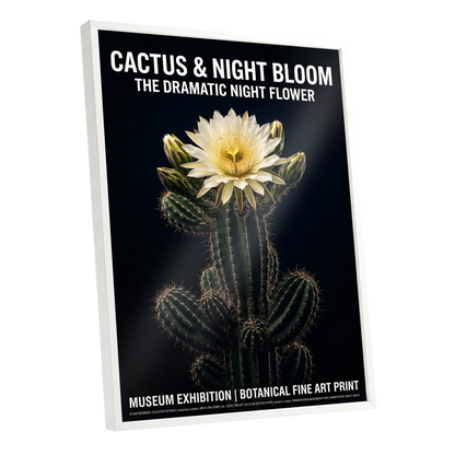 Midnight Cactus Bloom, black, green, white floral wall art shown as a white framed poster wall art print