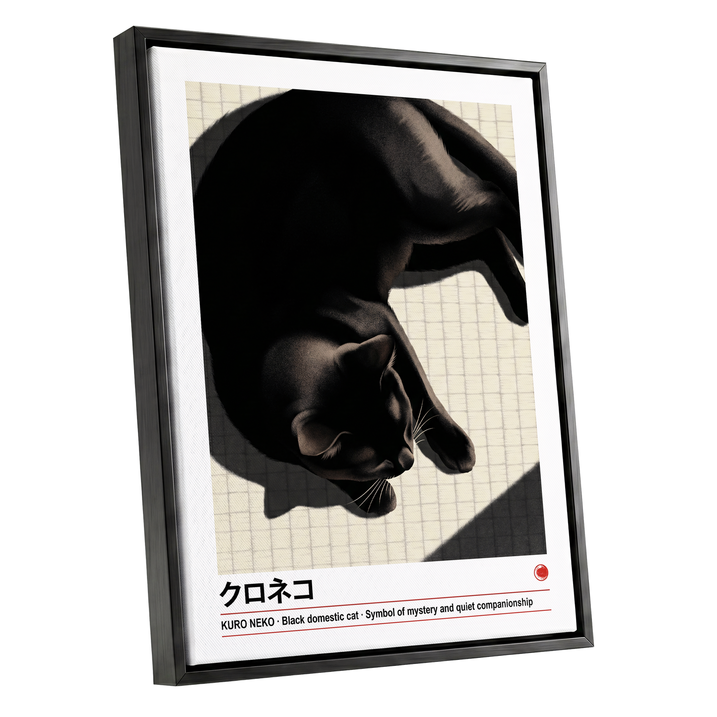Midnight Cat Reverie, black, beige, white nature wall art shown as a black framed canvas wall art