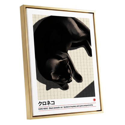 Midnight Cat Reverie, black, beige, white nature wall art shown as a gold framed canvas wall art