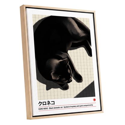 Midnight Cat Reverie, black, beige, white nature wall art shown as a oak framed canvas wall art