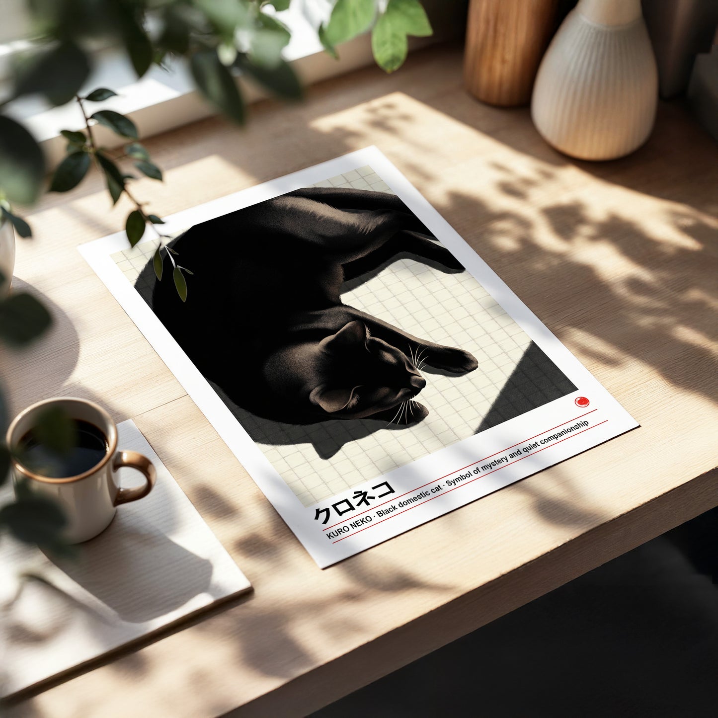Midnight Cat Reverie, black, beige, white nature wall art displayed in a styled interior, gallery view 5