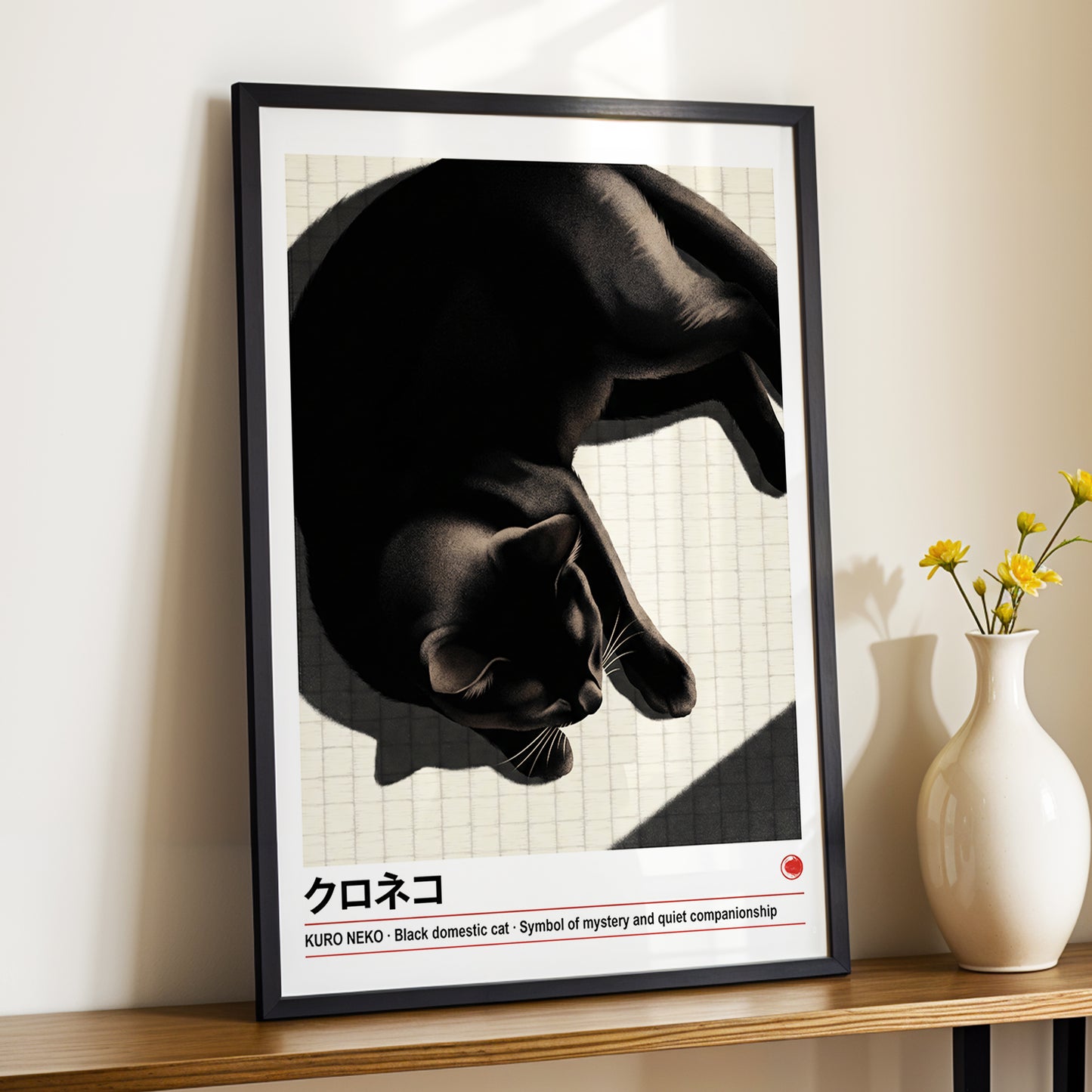 Midnight Cat Reverie, black, beige, white nature wall art displayed in a styled interior, gallery view 6