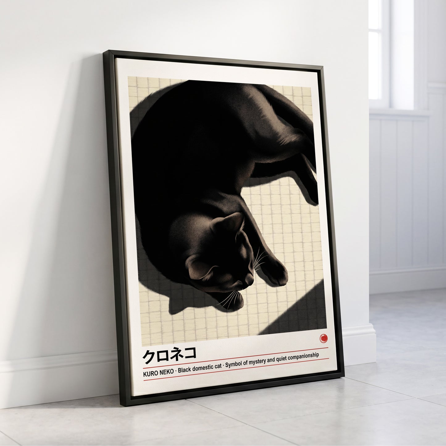 Midnight Cat Reverie, black, beige, white nature wall art displayed in a styled interior, gallery view 8