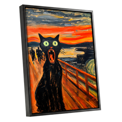 Midnight Cat's Cry, black, orange, gray abstract wall art shown as a black framed canvas wall art