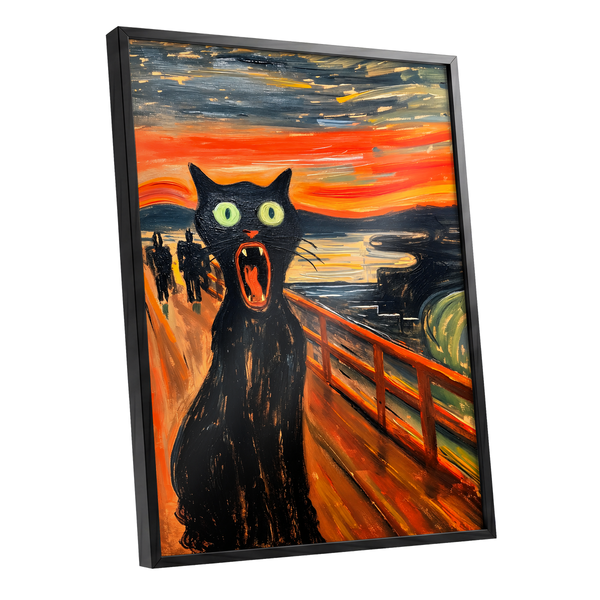 Midnight Cat's Cry, black, orange, gray abstract wall art shown as a black framed poster wall art print