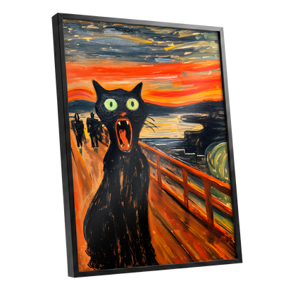 Midnight Cat's Cry, black, orange, gray abstract wall art shown as a black framed poster wall art print