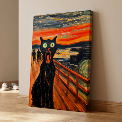 Midnight Cat's Cry, black, orange, gray abstract wall art on canvas displayed in a styled interior, gallery view 1