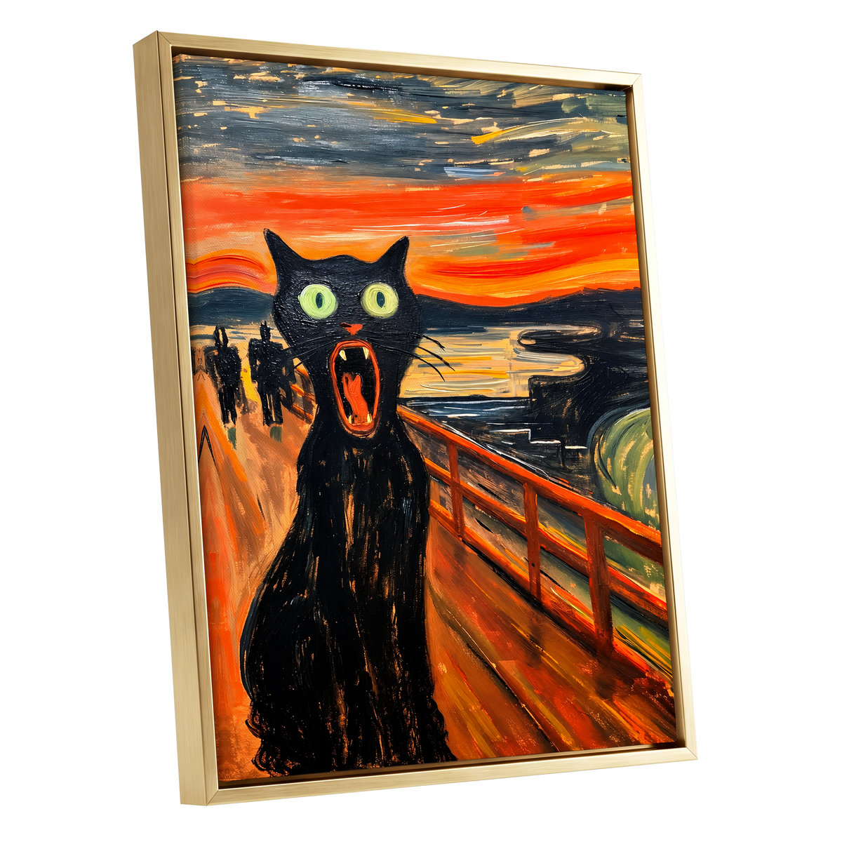 Midnight Cat's Cry, black, orange, gray abstract wall art shown as a gold framed canvas wall art
