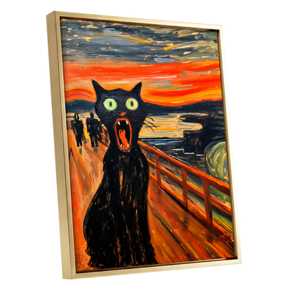 Midnight Cat's Cry, black, orange, gray abstract wall art shown as a gold framed canvas wall art