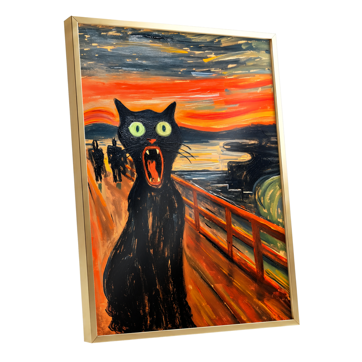 Midnight Cat's Cry, black, orange, gray abstract wall art shown as a gold framed poster wall art print