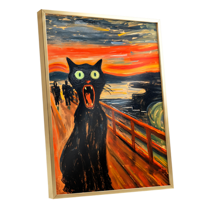 Midnight Cat's Cry, black, orange, gray abstract wall art shown as a gold framed poster wall art print