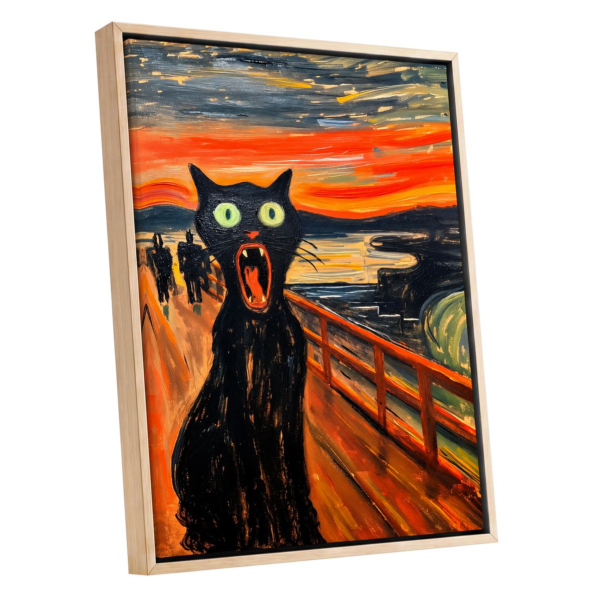 Midnight Cat's Cry, black, orange, gray abstract wall art shown as a oak framed canvas wall art