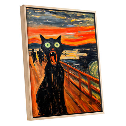 Midnight Cat's Cry, black, orange, gray abstract wall art shown as a oak framed canvas wall art