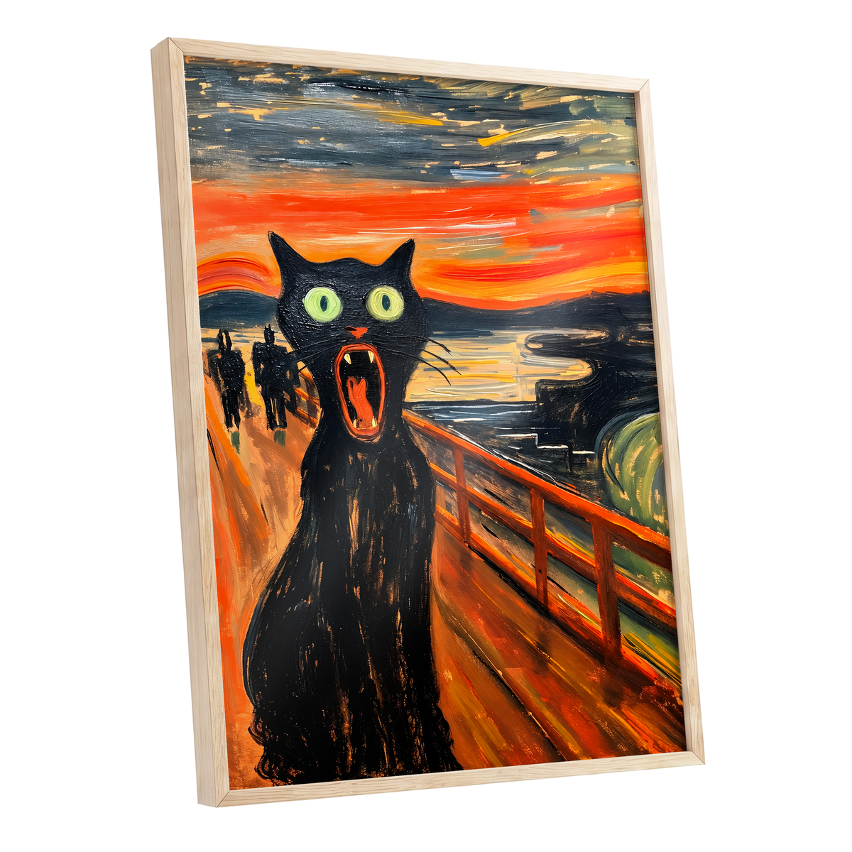 Midnight Cat's Cry, black, orange, gray abstract wall art shown as a oak framed poster wall art print