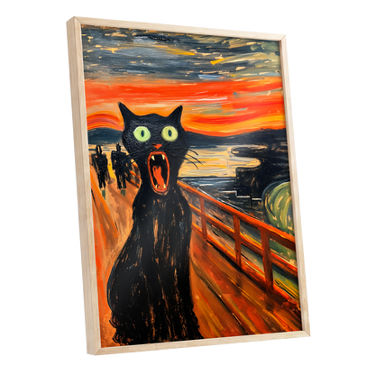 Midnight Cat's Cry, black, orange, gray abstract wall art shown as a oak framed poster wall art print