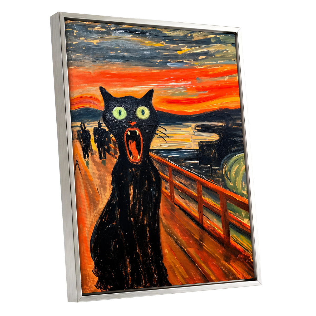 Midnight Cat's Cry, black, orange, gray abstract wall art shown as a silver framed canvas wall art