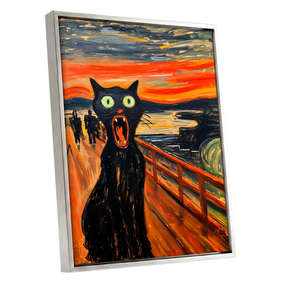 Midnight Cat's Cry, black, orange, gray abstract wall art shown as a silver framed canvas wall art