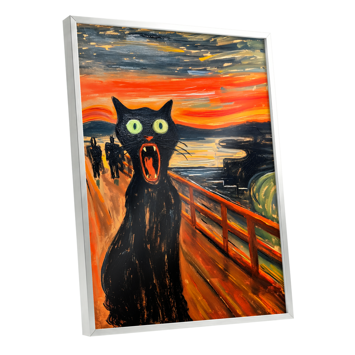 Midnight Cat's Cry, black, orange, gray abstract wall art shown as a silver framed poster wall art print