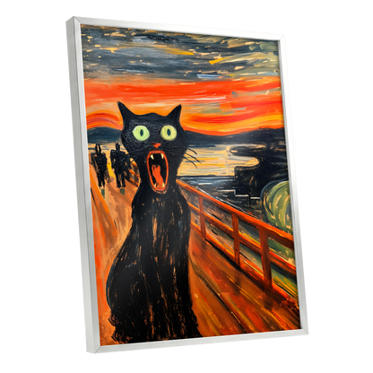 Midnight Cat's Cry, black, orange, gray abstract wall art shown as a silver framed poster wall art print